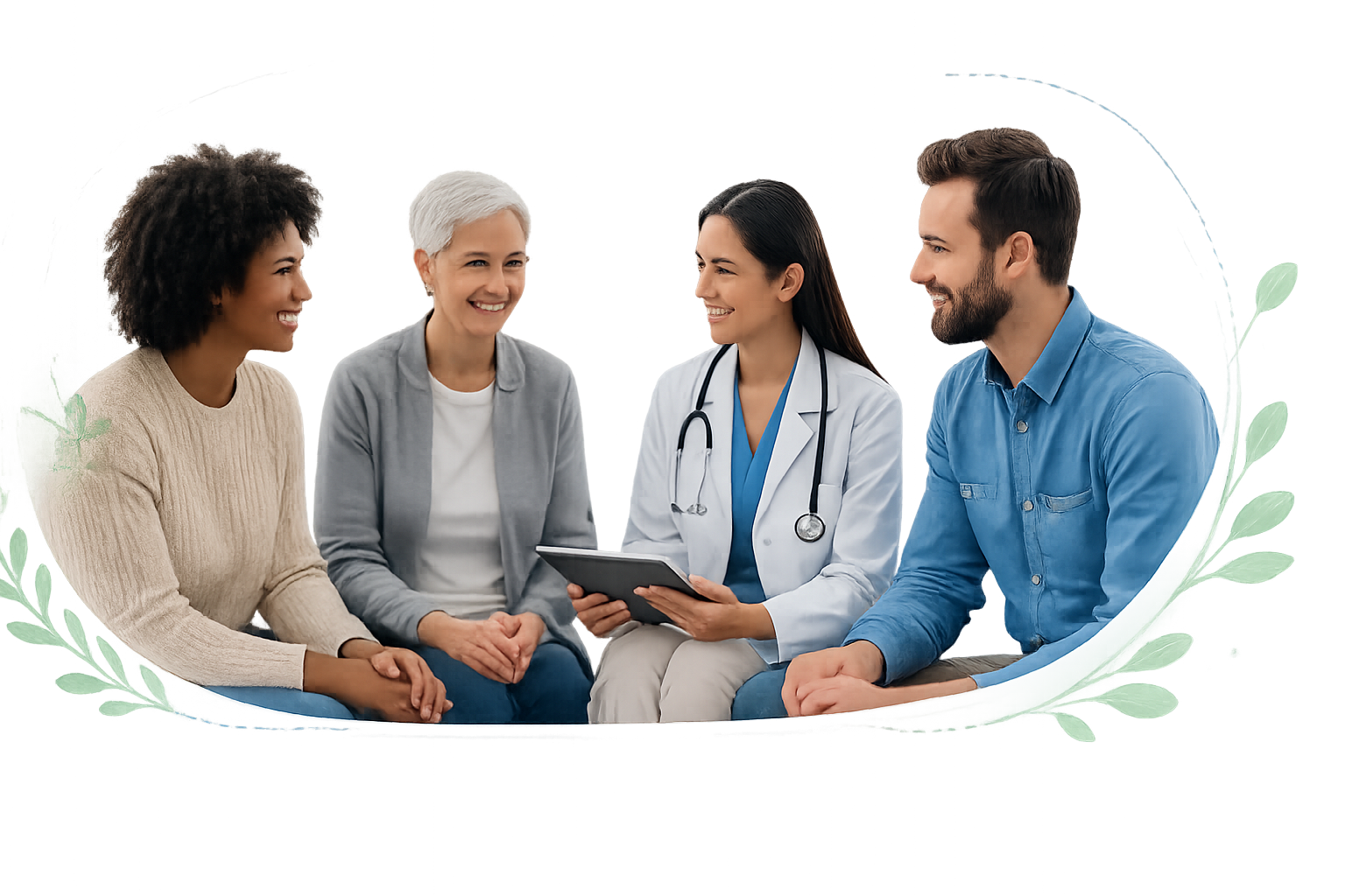 Patients et professionnel de santé échangeant avec bienveillance